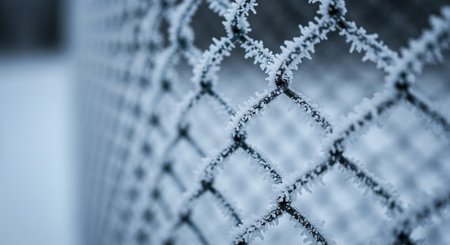 A close-up perspective showcases intricate frost formations clinging to a metal fence, presenting a chilly winter texture against a softly diffused, cool-toned backdrop.の素材