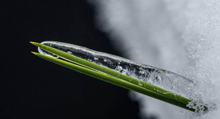 A detailed macro view captures a single evergreen needle, adorned with glistening ice formations and delicate snow crystals, highlighting the intricate beauty of winter.の素材