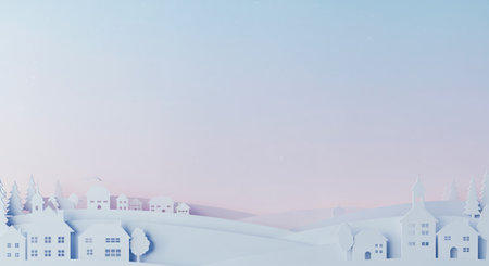 A serene winter scene crafted from delicate paper layers, showcasing a charming village with various buildings and evergreen trees against a peaceful, ethereal dawn sky.の素材