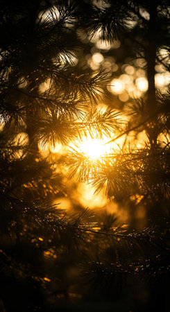 A close-up view through dark evergreen foliage reveals a brilliant golden sun creating a magical lens flare and soft bokeh, evoking a serene and peaceful natural environment.の素材