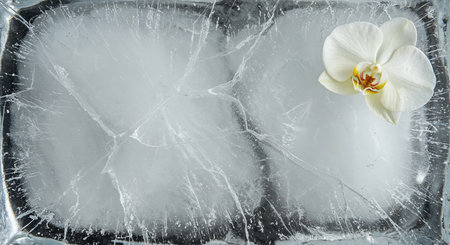 The elegant white orchid contrasts beautifully with the intricate, frosty patterns and deep cracks within the transparent ice block, creating a serene and minimalist composition.の素材