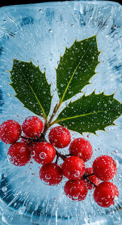 A close-up view captures a festive holly sprig, featuring glossy green foliage and plump red berries, completely encapsulated in shimmering ice with delicate frozen patterns.の素材
