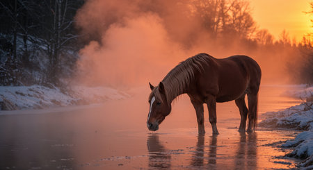 Golden hour light illuminates a beautiful brown horse drinking from a misty, snow-lined river, creating a serene and mystical winter wonderland scene with reflections shimmering on the water surface.の素材