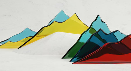 An artistic arrangement of abstract, glass-like peaks creates a vibrant, modern landscape against a bright, minimalist backdrop, emphasizing depth and light.の素材