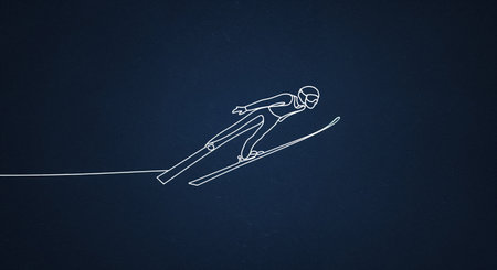 A minimalist graphic shows a ski jumping athlete in a continuous white line art style, set against a dark blue textured backdrop, emphasizing motion and clean design.の素材