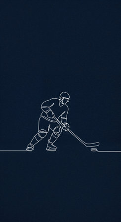 This stylish graphic features a continuous line drawing of an athlete playing ice hockey, rendered in white against a deep blue, subtly textured surface, offering ample room for text.の素材