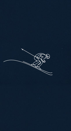 This clean graphic illustration features a minimalist continuous line drawing of a skier actively descending a slope against a rich, dark blue backdrop.の素材