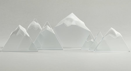 This clean and contemporary composition features multiple geometric mountain forms crafted from clear material, topped with abstract white snow, presented against a subtle concrete-like surface.の素材