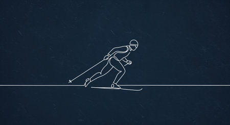 The clean line drawing illustrates a dedicated skier in active movement, equipped with poles and skis, set against a dark blue textured backdrop.の素材