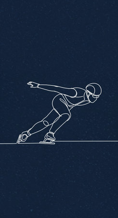 This minimalist graphic design features a white continuous line drawing of an athlete speed skating, rendered against a dark blue background with a subtle granular texture.の素材