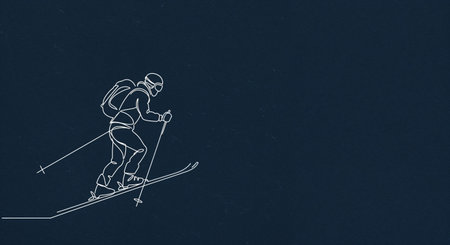 This elegant graphic illustration features a continuous white line forming a dynamic skier in motion, equipped with poles and a backpack, set on a dark blue backdrop with subtle texture and copy.の素材