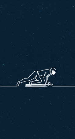 A stylized white line figure of an athlete in a helmet and uniform, preparing for a bobsled or skeleton run on a dark blue textured ground.の素材