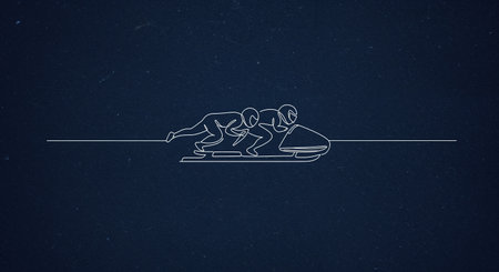 A modern graphic illustration features two athletes engaged in bobsleigh, outlined in white on a dark blue surface with subtle grunge details, conveying speed and teamwork.の素材