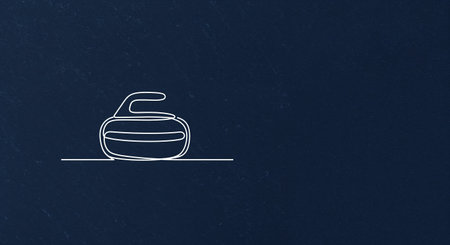 A minimalist graphic illustration features a single curling stone outlined in white on a dark navy blue textured surface, offering a clean, contemporary design with room for text.の素材
