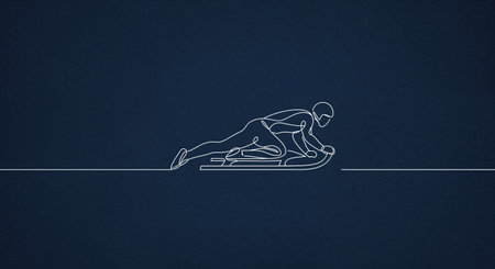A minimalist graphic illustration features a person in a protective helmet and suit, lying prone on a skeleton sled, outlined in a single white line against a rich, dark blue textured backdrop.の素材