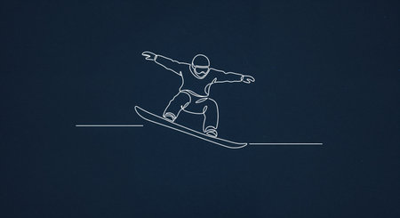 This graphic illustration showcases a stylish snowboarder caught in a powerful jump, rendered with elegant white continuous lines on a rich, dark blue background.の素材