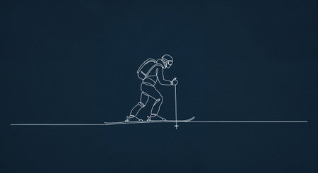 This graphic illustration depicts a lone skier, equipped with a backpack and poles, gliding along a simple white line on a rich, dark blue textured surface, offering extensive copy space.の素材