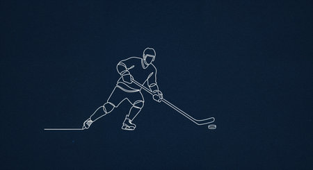 A graphic stylish illustration showcases a single white line forming a hockey player in dynamic motion, actively dribbling a puck across a dark blue surface with subtle texture.の素材