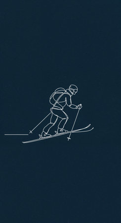 An abstract graphic illustration portrays a dynamic skier in a continuous white line art style, set against a rich, deep blue background with a subtle paper-like texture and ample vertical copy space.の素材
