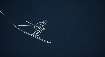 A sleek minimalist artwork portrays a solitary skier in motion, crafted with elegant white continuous lines against a dark blue textured backdrop with subtle speckles.の素材