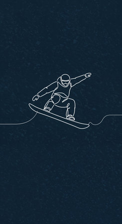 A minimalist artistic depiction features a person actively snowboarding, rendered with a single white line on a rich, dark blue background, emphasizing speed and winter sports.の素材