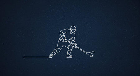 A continuous striking line art drawing of a hockey athlete in action, skillfully maneuvering a puck on an abstract dark blue surface, emphasizing movement and competitive spirit.の素材