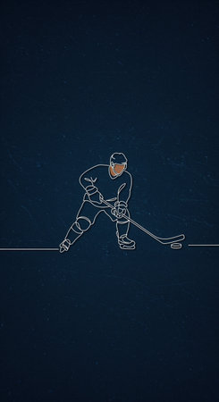 This modern graphic illustration portrays a hockey athlete in a dynamic pose, holding a stick and puck, rendered in white line art on a deep blue textured background with subtle starry details.の素材