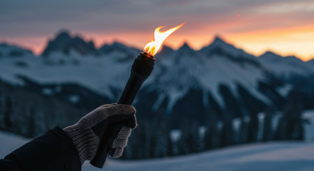 A close-up view of a person's gloved hand holding a burning torch provides light and warmth amidst a vast, cold winter mountain landscape at twilight.の素材
