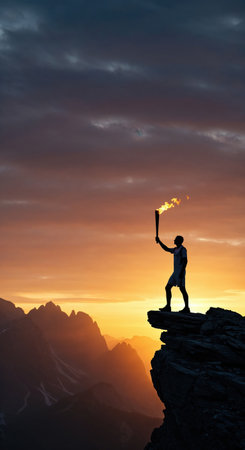 A striking composition shows a determined individual atop a rocky summit, holding a torch aloft against a backdrop of sweeping mountain vistas and an epic, colorful sky.の素材