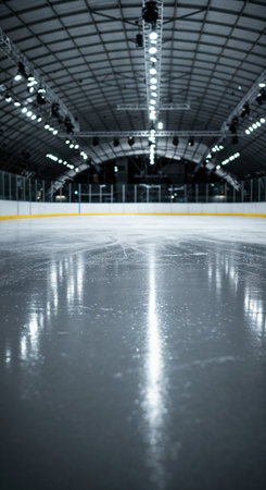 The highly reflective ice surface of an empty arena floor shows subtle skate marks, bordered by white boards and illuminated by numerous ceiling fixtures.の素材