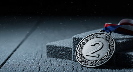 The second-place silver medal, adorned with a laurel wreath and a vibrant red, white, and blue ribbon, is showcased on a gritty, dark gray podium with subtle atmospheric dust.の素材