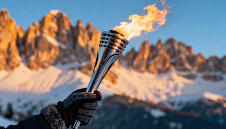 The iconic flaming torch stands out in a stunning winter landscape, symbolizing hope and achievement amidst rugged peaks under a clear blue sky.の素材