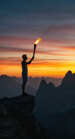 A breathtaking wide view of a male figure holding a burning torch atop a jagged cliff, with layers of majestic dark mountains receding into the distance under a vibrant, colorful evening horizon.の素材