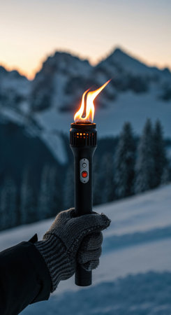 A close-up view features a person's warm gloved hand gripping a modern torch with a bright flame against a backdrop of distant mountains.の素材