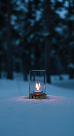 The warm flame of a tea light candle is encased in a protective glass lantern, casting a soft glow on the untouched snow in a serene winter landscape.の素材