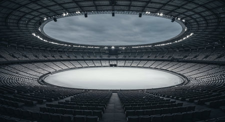 A vast, modern sports arena stands completely deserted, showing its tiered seating and pristine white playing surface beneath a dramatic, overcast sky, highlighting its impressive scale.の素材