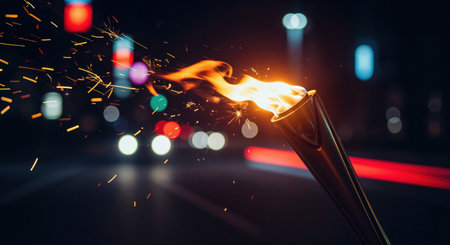 The bright flame of a torch creates a dynamic display of light and sparks, contrasted by the soft, out-of-focus car lights and neon signs of a distant urban background.の素材