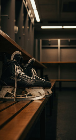 The worn black hockey skates are prominently displayed on a wooden bench, highlighting details of the blades and laces within a quiet, empty changing room environment.の素材