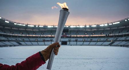 The iconic torch burns brightly in the cold winter air, held aloft against the vast, empty expanse of a snow-dusted sports arena at dusk, emphasizing tradition and triumph.の素材