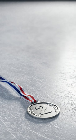 A detailed close-up reveals a metallic silver second-place medal with an embossed number two and a vibrant red, white, and blue striped ribbon, positioned on a cool, scuffed surface.の素材