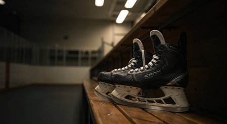 The detailed close-up shows sleek hockey skates positioned on a worn wooden shelf, capturing the quiet atmosphere of an empty arena or preparation space.の素材