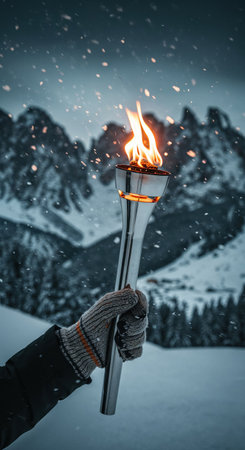 The warm, flickering flame of a torch held by a gloved hand powerfully illuminates a snowy mountain range and falling snow, creating a dramatic winter scene.の素材