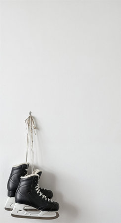 Two black ice skates with glaming white blades and soft interior fur hang by their tied laces, creating a striking contrast against the clean, bright white wall.の素材