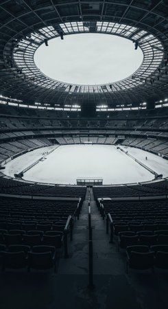 The grand interior of a deserted arena features rows of dark, empty seating overlooking a pristine white playing surface beneath a dramatic, open-air ceiling structure.の素材