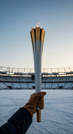 The symbolic torch, with its flickering flame, stands prominently against the vast, cold expansion of an athletic arena, suggesting winter sports or significant events.の素材