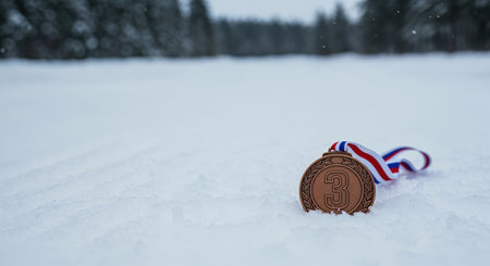 A close-up view reveals a textured bronze medal with the number three, its colorful ribbon contrasting with the icy white ground and distant dark trees.の素材