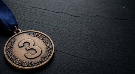 This close-up view of a bronze medal for third place, adorned with a dark blue ribbon, highlights its textured surface and elegant laurel wreath details against a dark, rough stone.の素材