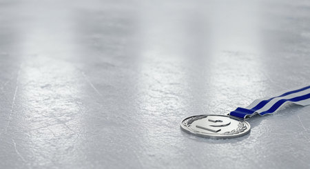 The second-place award, featuring a laurel wreath design and a wavy striped ribbon, lies on a frosty, scratched ice surface, symbolizing competition and victory.の素材