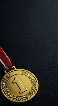 A close-up view of a prestigious gold medal with a red and white ribbon, signifying victory and excellence, is placed against a dramatic dark background, offering generous space for text.の素材