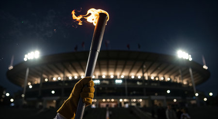 The iconic ceremonial torch is held aloft by a participant, casting a warm glow while a large, brightly lit sports arena stands majestically in the blurred background at dusk.の素材